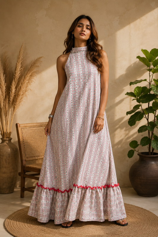 Ishani – Printed Halter-Neck Flared Dress